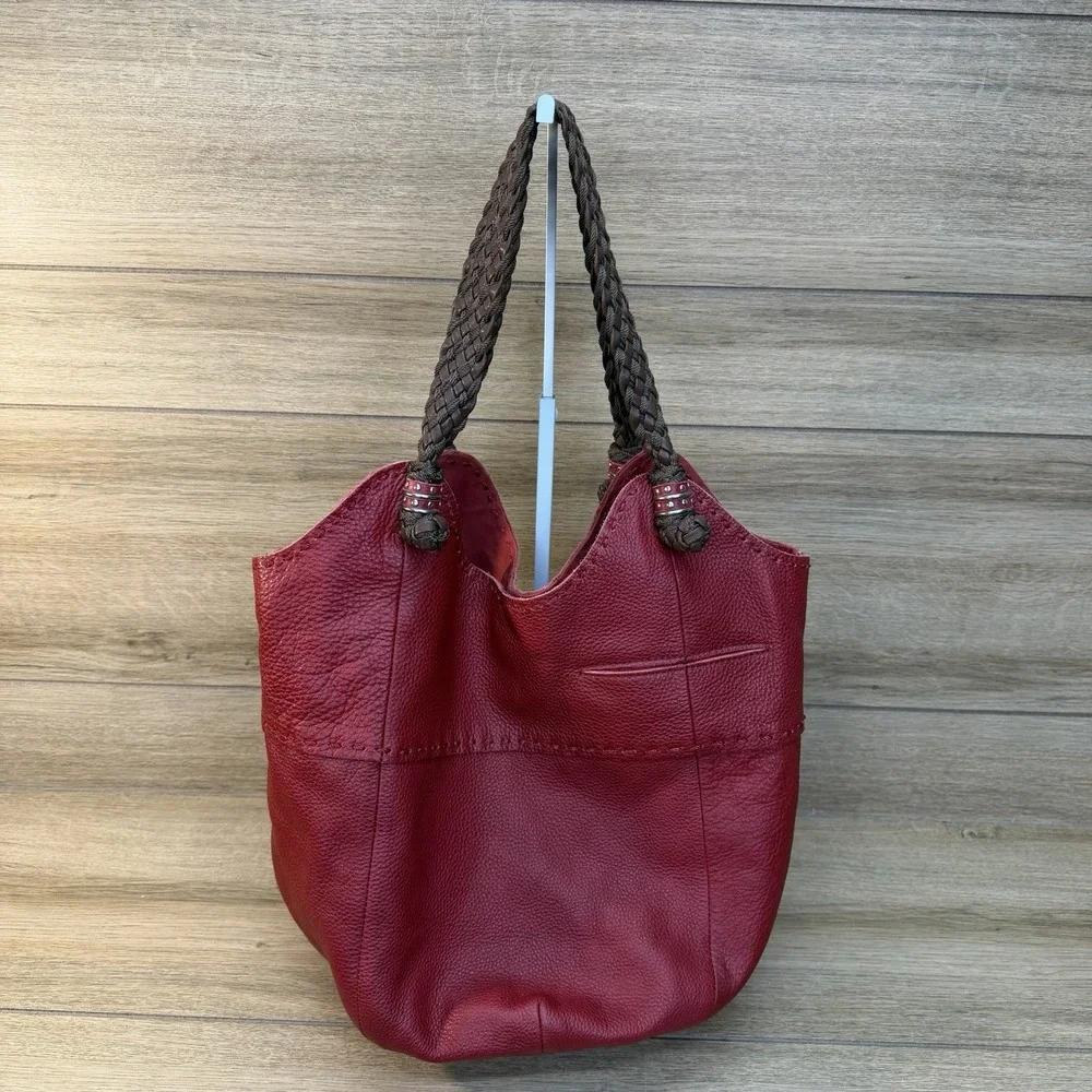 The Sak Womens Indio Hobo Handbag Red Leather Boho Braided Shoulder Tote Bag